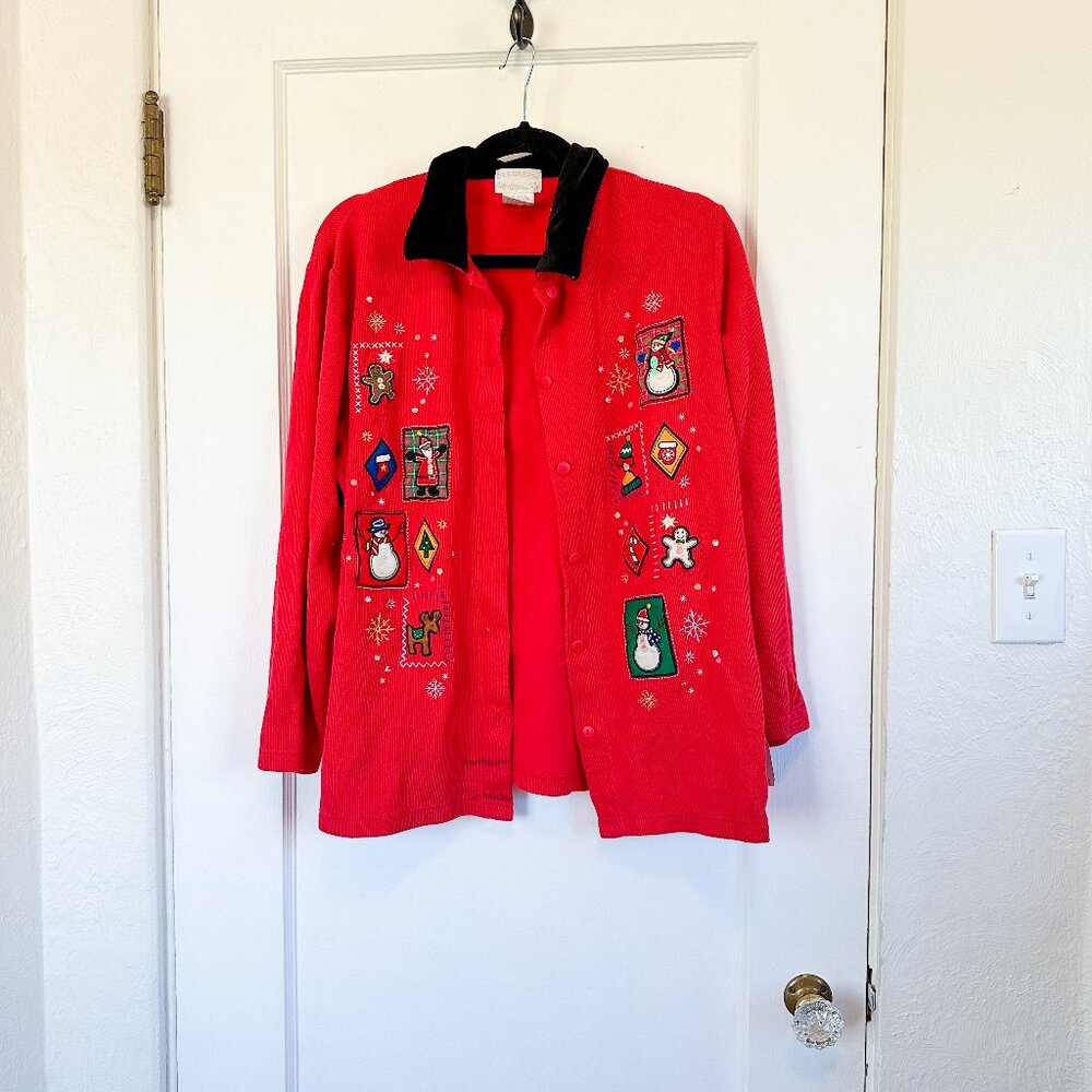Designers Originals | 1990s Red Corduroy Collared Holiday Cardigan Sweater‎